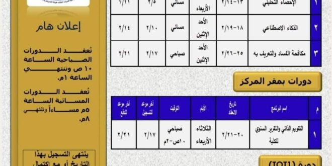 فتح التسجيل فى الدورات التدريبية لشهر فبراير بمركز تنمية قدرات أعضاء هيئة التدريس والقيادات بجامعة حلوان